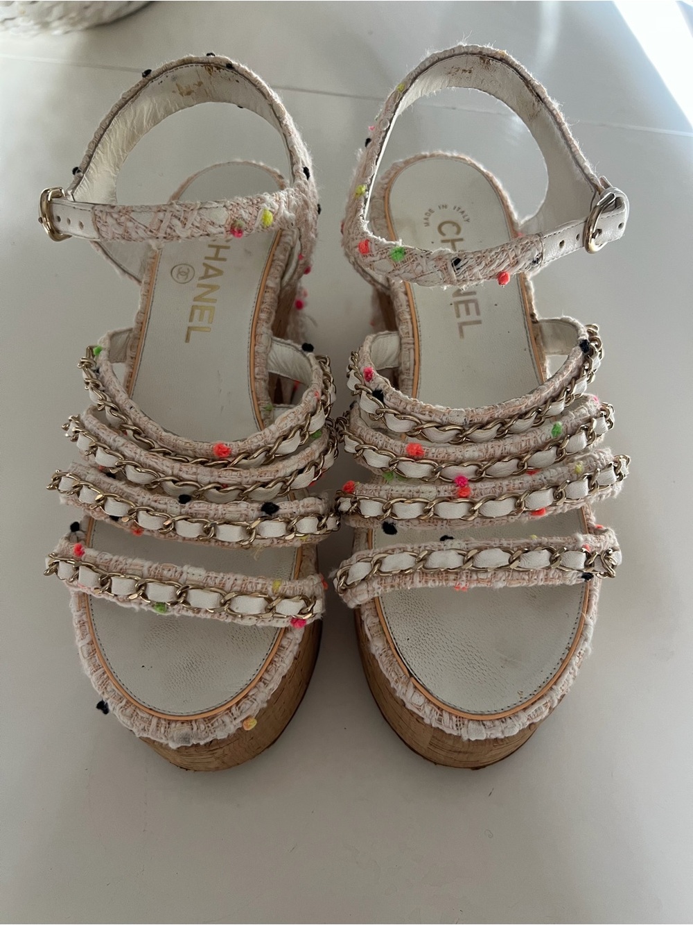 CHANEL Beige and Gold Chain Strap Sandals
